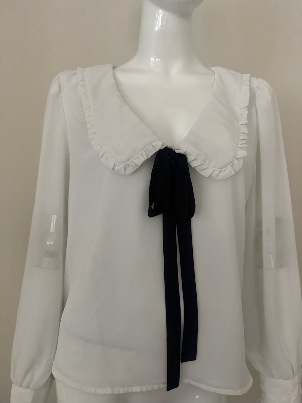 White Ruffle Collar Blouse with Black Tie